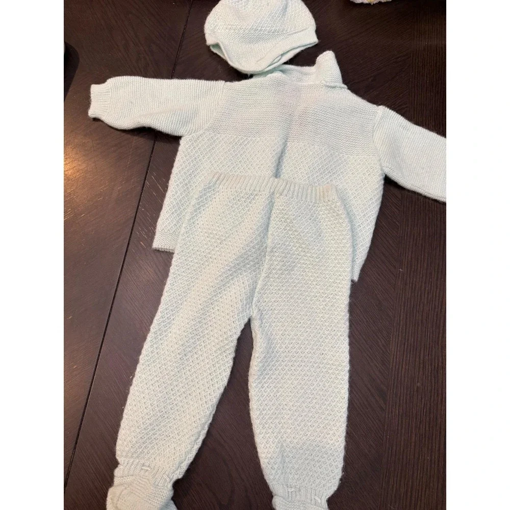 Vintage Renko's Imports Italy Baby Knit Set Blue Cardigan Pants‎ Bonnet Orlon